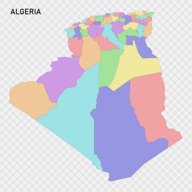 Cezayir 'in bölge sınırlarıyla izole edilmiş renkli haritası