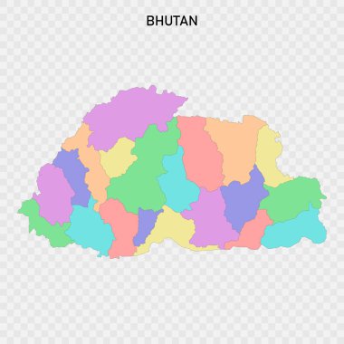 Bhutan 'ın bölge sınırlarıyla izole edilmiş renkli haritası