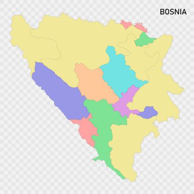Bölgelerin sınırlarıyla Bosna 'nın izole edilmiş renkli haritası