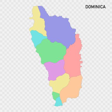 Bölgelerin sınırlarıyla birlikte Dominica 'nın izole edilmiş renkli haritası