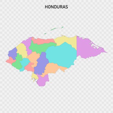 Honduras 'ın bölge sınırlarıyla izole edilmiş renkli haritası