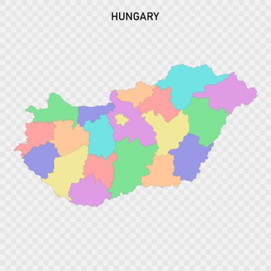 Macaristan 'ın bölge sınırlarıyla izole edilmiş renkli haritası