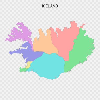 Bölgelerin sınırlarıyla İzlanda 'nın izole edilmiş renkli haritası