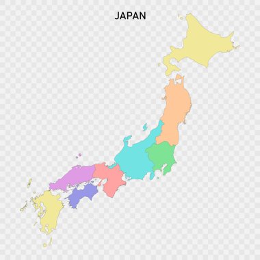 Bölgelerin sınırlarıyla Japonya 'nın izole edilmiş renkli haritası