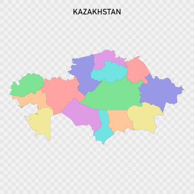 Kazakistan 'ın bölge sınırlarıyla izole edilmiş renkli haritası