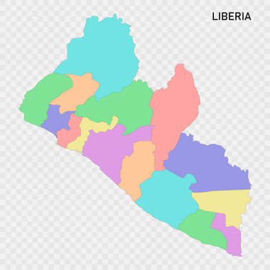 Bölgelerin sınırlarıyla birlikte izole edilmiş renkli Liberya haritası