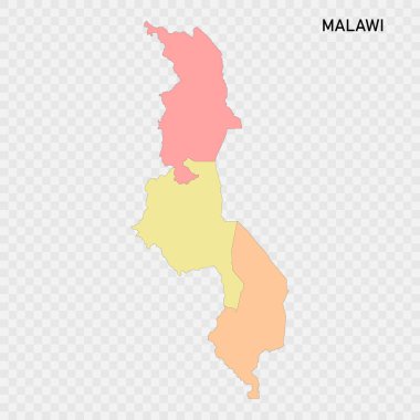 Bölgelerin sınırlarıyla ayrılmış renkli Malawi haritası