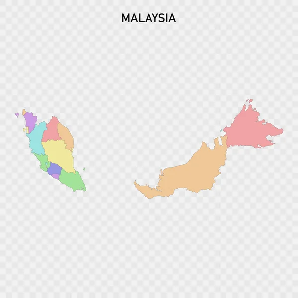 Bölgelerin Sınırlarıyla Birlikte Malezya Nın Izole Edilmiş Renkli Haritası — Stok Vektör