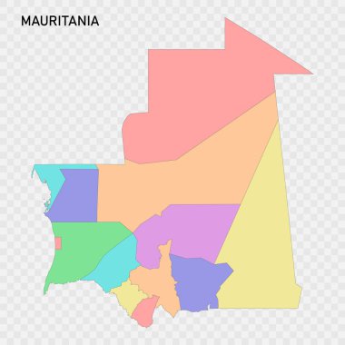 Moritanya 'nın bölge sınırlarıyla izole edilmiş renkli haritası
