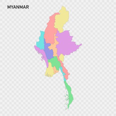 Myanmar 'ın bölge sınırlarıyla izole edilmiş renkli haritası