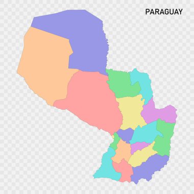 Paraguay 'ın bölge sınırlarıyla izole edilmiş renkli haritası