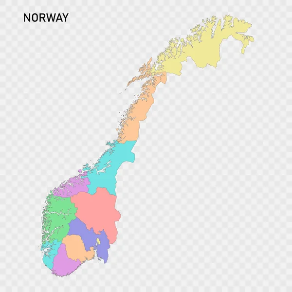 Bölgelerin Sınırlarıyla Norveç Izole Edilmiş Renkli Haritası — Stok Vektör