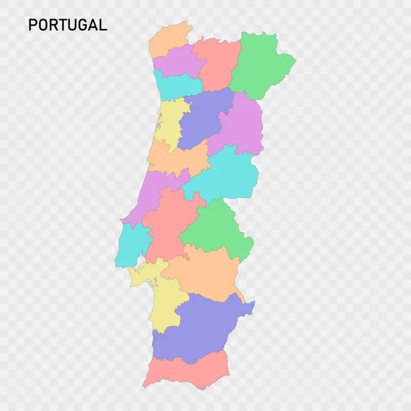 Portugália Elszigetelt Színes Térképe Régiók Határaival — Stock Vector