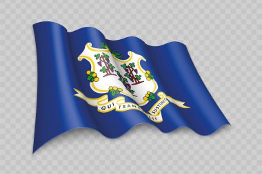 3 Boyutlu Gerçekçi Dalgalanan Connecticut Bayrağı, şeffaf arkaplan üzerine kurulmuş bir ABD eyaletidir.