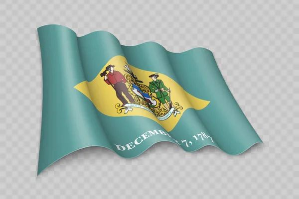 Realista Acenando Bandeira Delaware Estado Dos Estados Unidos Fundo Transparente — Vetor de Stock