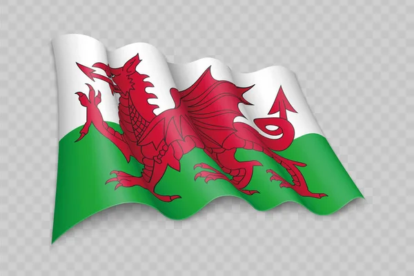 Realistic Sventolando Bandiera Del Galles Una Regione Del Regno Unito — Vettoriale Stock
