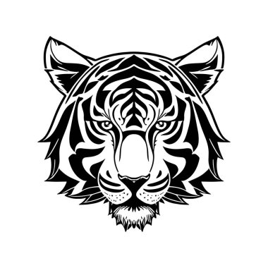 Kaplan başlı siyah ve beyaz vektör ikonu. Logo, amblem veya rozet tasarımı için şablon