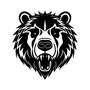 Ayı başı siyah ve beyaz vektör ikonu. Logo, amblem veya rozet tasarımı için şablon