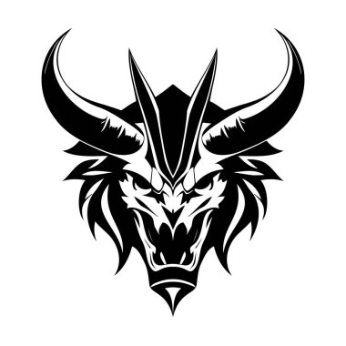 Şeytan baş siyah ve beyaz vektör ikonu. Logo, amblem veya rozet tasarımı için şablon