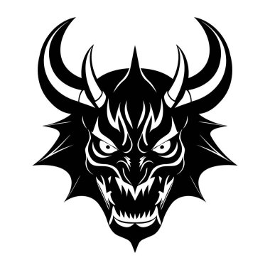 Şeytan baş siyah ve beyaz vektör ikonu. Logo, amblem veya rozet tasarımı için şablon
