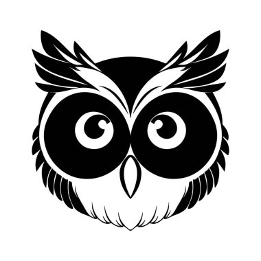 Baykuş başlı siyah-beyaz vektör ikonu. Logo, amblem veya rozet tasarımı için şablon