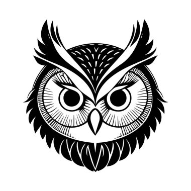 Baykuş başlı siyah-beyaz vektör ikonu. Logo, amblem veya rozet tasarımı için şablon