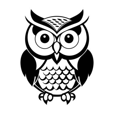 Baykuş başlı siyah-beyaz vektör ikonu. Logo, amblem veya rozet tasarımı için şablon