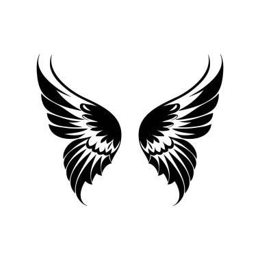 Kanatlar siyah ve beyaz vektör ikonu. Logo, amblem veya rozet tasarımı için şablon