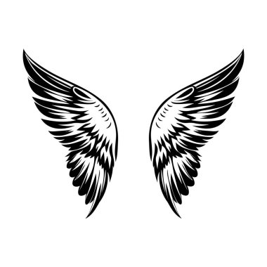 Kanatlar siyah ve beyaz vektör ikonu. Logo, amblem veya rozet tasarımı için şablon