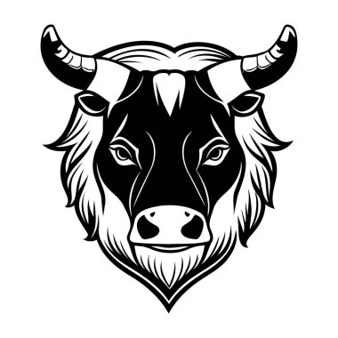 Boğa başlı siyah-beyaz vektör ikonu. Logo, amblem veya rozet tasarımı için şablon