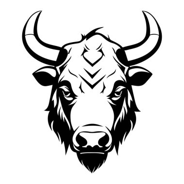 Boğa başlı siyah-beyaz vektör ikonu. Logo, amblem veya rozet tasarımı için şablon