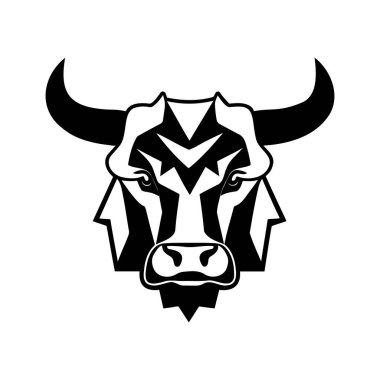 Boğa başlı siyah-beyaz vektör ikonu. Logo, amblem veya rozet tasarımı için şablon