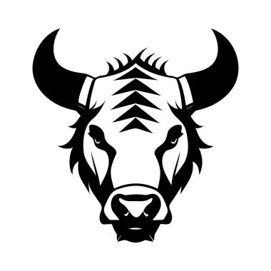Boğa başlı siyah-beyaz vektör ikonu. Logo, amblem veya rozet tasarımı için şablon
