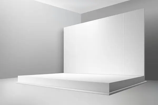 ショールームの背景にスクリーンが付いている3D現実的な空の段階 製品プレゼンテーションモックアップ — ストックベクタ