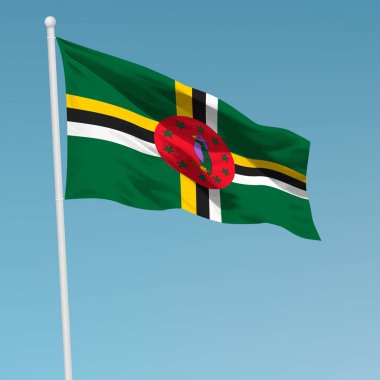 Dominika bayrağı bayrak direği üzerinde sallayarak. Bağımsızlık günü afiş tasarımı için şablon