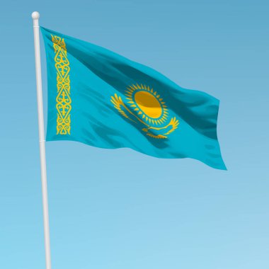 Bayrak direğinde Kazakistan bayrağı sallıyor. Bağımsızlık Günü poster tasarımı için şablon