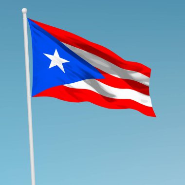 Bayrak direği üzerinde sallanan bayrak Puerto Rico. Bağımsızlık günü afiş tasarımı için şablon