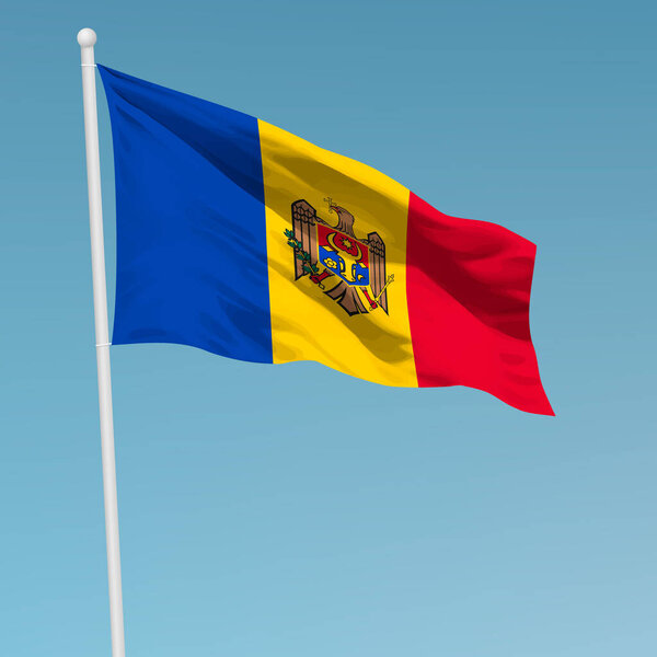 Waving flag of Moldova on flagpole. Template for independence day poster design