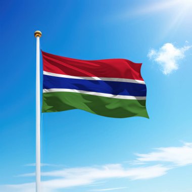 Gambiya bayrağını gökyüzü arka planında dalgalandırmak. Bağımsızlık Günü şablonu