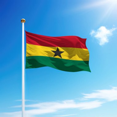 Gökyüzü arka planında bayrak direğinde Gana bayrağı sallıyor. Bağımsızlık Günü şablonu