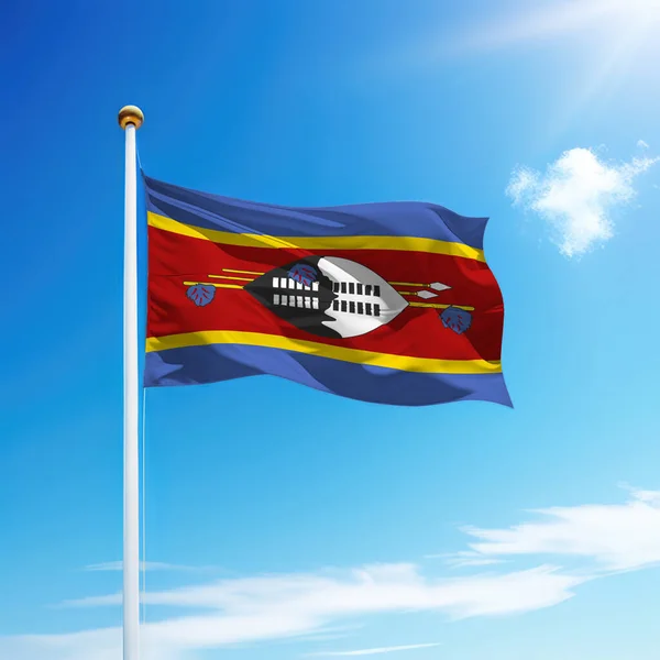 Eswatini Zászlaját Lobogtatva Zászlórúdon Égi Háttérrel Függetlenségi Nap Sablonja — Stock Fotó