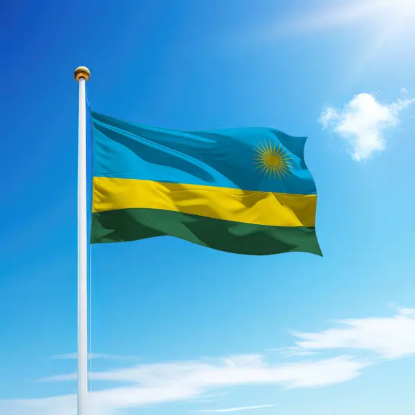 Ruanda Zászlaját Lobogtatva Zászlórúdon Égi Háttérrel Függetlenségi Nap Sablonja — Stock Fotó