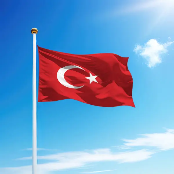 Waving flag of Turkey on flagpole with sky background. Template for independence day
