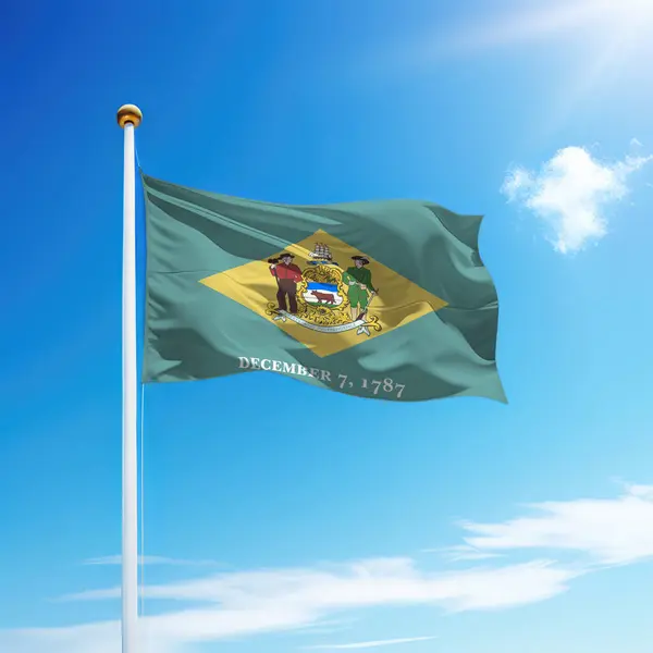 Waving flag of Delaware is a state of United States on flagpole with sky background.