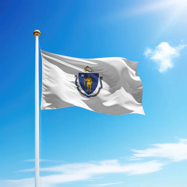 Waving Flag Massachusetts State United States Flagpole Sky Background — Stock Photo, Image