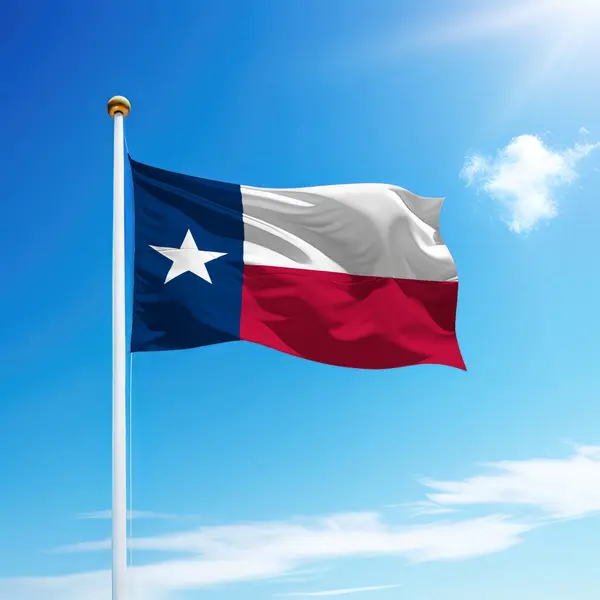 Waving flag of Texas is a state of United States on flagpole with sky background.