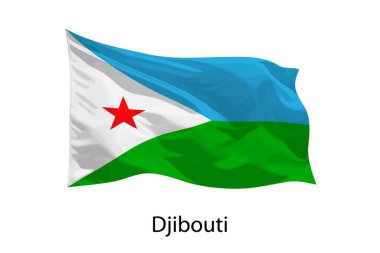 Cibuti 'nin 3D gerçekçi dalgalanan bayrağı izole edildi. Poster tasarımı için şablon