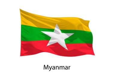 Myanmar 'ın 3D gerçekçi dalgalanan bayrağı izole edildi. Poster tasarımı için şablon