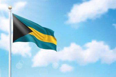 Gökyüzü arka planında Bahamalar 'ın bayrağını sallamak. Bağımsızlık Günü poster tasarımı için şablon