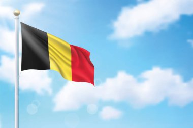 Gökyüzü arka planında Belçika bayrağı sallıyor. Bağımsızlık Günü poster tasarımı için şablon